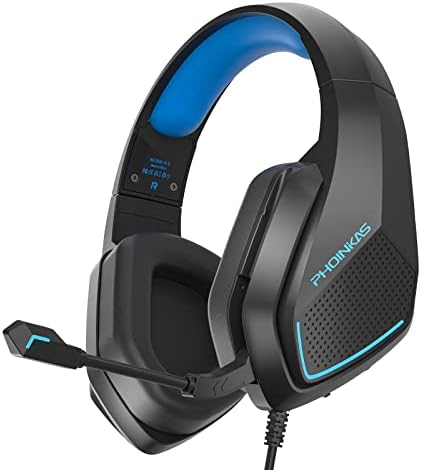 YOTMS PS4 Gaming Headset for PC PS5 Xbox One PS5 Switch, H5 Over Ear Stereo Headphones with Noise Cancelling Mic, LED Light, Soft Memory Earmuffs, Wired for Laptop Tablet Phone NES Games (Blue)