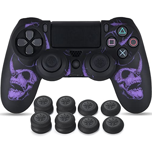 YoRHa Laser Carving Silicone Skin for PS4 Controller x 1(Skulls Purple) with Exclusive Thumb Grips x 8