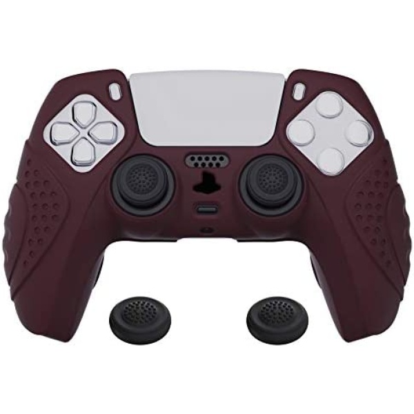 eXtremeRate PlayVital Guardian Edition Wine Red Ergonomic Soft Anti-Slip Controller Silicone Case Cover for ps5, Rubber Protector Skins with Black Joystick Caps for PS5 Controller