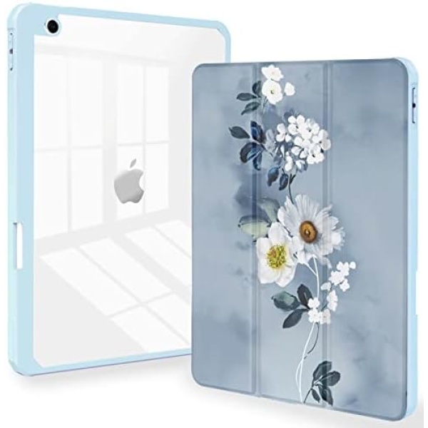 iPad 9th/8th/7th Generation 10.2 Inch Case, Feams Slim Lightweight Trifold iPad 10.2 Case Clear Back Cover with Pencil Holder & Auto Sleep/Wake for iPad 9th/8th/7th Gen 2021/2020/2019, Blue Floral