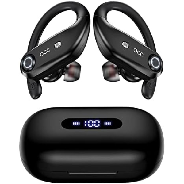 occiam Wireless Earbuds Bluetooth Headphones 100H Playback 4 Mics Clear Call Waterproof 2200mAh Wireless Charging Case Over Ear Buds in-Ear Earphones with Earhooks for Sports Running Workout Black