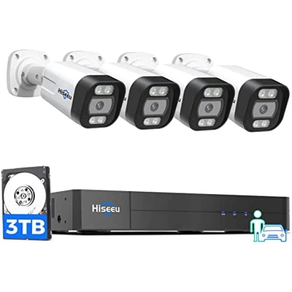 【2-Way Audio+3TB HDD】Hiseeu 4K PoE Security Camera System,Vehicle/Human Detect, 8MP NVR w/4Pcs 5MP IP Security Camera Outdoor, H.265+IP 67Waterproof, Free Motion Alerts, 24/7 Home Surveillance NVR Kit