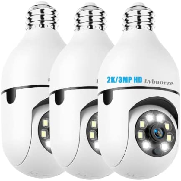 【3 Pack】 2K 3MP Light Bulb Security Camera, Wireless WiFi Outdoor Camera with Audio Automatic Humanoid Tracking, Full Color Night Vision Cameras for Home Security, Two-Way Audio, 360° Adjustable View