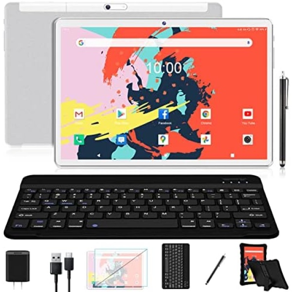 𝟮𝟬𝟮𝟯 𝗟𝐚𝐭𝐞𝐬𝐭 Tablet 10.1" Octa-Core Android 11 Tablet, 64GB Storage Tablet with Keyboard, Stylus, Dual 13MP+5MP Camera, WiFi, Bluetooth, GPS, 512GB Expand Support, IPS Full HD Display(Sliver)