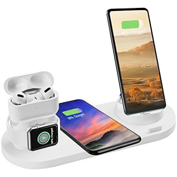 6 in 1 Charger Station Compatible with iPhone/Android/Type-C, Aqonsie Qi Fast Wireless Charging Dock Stand for Apple Watch/AirPods Pro/AirPods/iPhone/Samsung/Huawei/HTC/LG Christmas (White)