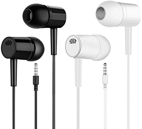 (2 Pack) Wire Controlled Earphones with Microphone,Suitable for Desktop Computers, laptops, Android Phones, iOS and Other Devices (Black+White)