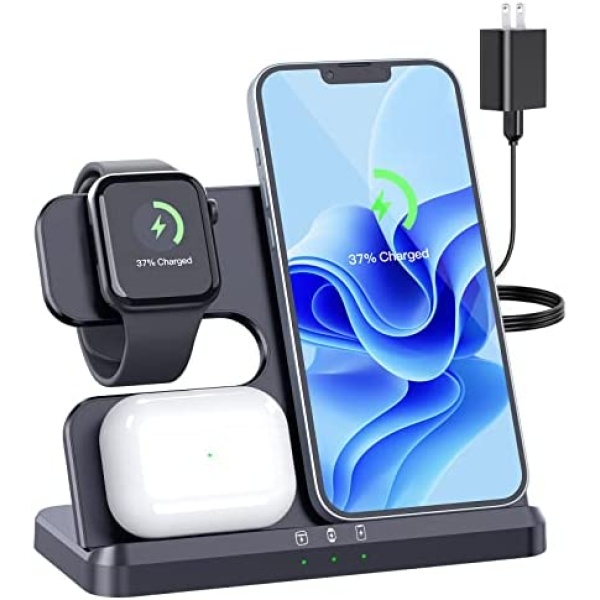 3 IN1 Wireless Charging Station Apple,20W Fast Wireless Charger Stand, iPhone Wireless Charger Station Dock for iPhone14-11/Pro/Max/Mini/X/XR/8/Plus,Airpods Pro/3/2,Apple Watch Series (18W Adapter)