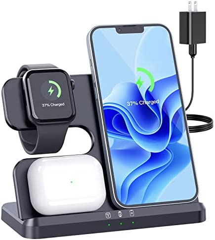 3 IN1 Wireless Charging Station Apple,20W Fast Wireless Charger Stand, iPhone Wireless Charger Station Dock for iPhone14-11/Pro/Max/Mini/X/XR/8/Plus,Airpods Pro/3/2,Apple Watch Series (18W Adapter)