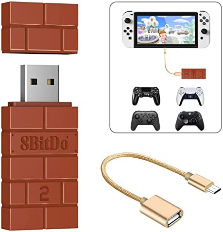 AKNES 8BitDo USB Wireless Controller Adapter 2 Converter Dongle for Switch/Switch OLED,Windows,Raspberry Pi,for PS5/PS4/PS3 Controller,Xbox Series X/S,Xbox One Bluetooth Controller-OTG Cable (Brown)