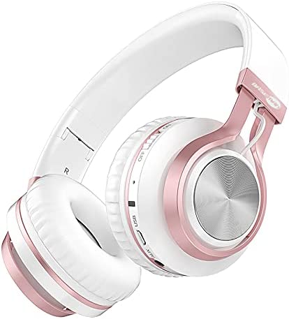 BASEMAN Wireless Over Ear Headphones, Long Battery Life Deep Bass Bluetooth Headphones with Microphone Wireless and Wired Headset for Computer iPhone Teens Girls Women School Travel - White Rose Gold