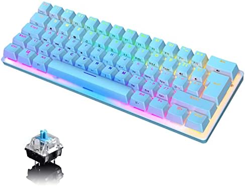 Compact 60% Mechanical Gaming Keyboard with Ergonomic Anti-ghosting Mini 61 Key Layout Rainbow RGB Backlight Waterproof Metal Plate Type-C USB Wired for PC Mac Gamer Office Typist(Blue/Blue Switch)