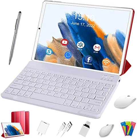 DUODUOGO Tablets 2 in 1, 10.1 inch Android 11 Tablet with Keyboard, 4GB + 64GB, 128GB Expand with Case Mouse Stylus, 1280*800 HD Touch Screen, Quad-Core Processor, 5G WiFi Google Certified, T30 (Red)