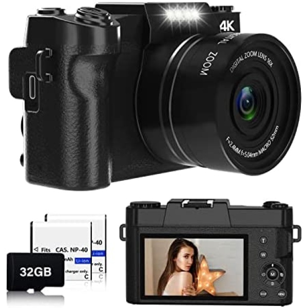 Digital Camera, NIKICAM 4K 56MP Vlogging Cameras for Photography YouTube with Manualfocus, 16X Digital Zoom(Include 32GB TF Card & 2 Rechargeable Batteries) -Black
