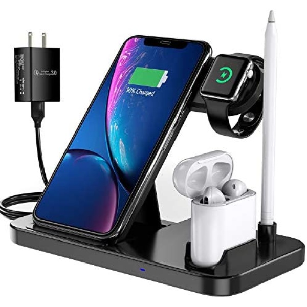 EVIGAL 4 in 1 Wireless Charger, Qi-Certified Fast Charging Station Compatible Apple Watch & AirPods & Apple Pencil, iPhone 14/13/12/11/11Pro/X/XS/XS Max/XR/8/8Plus, Samsung (with QC3.0 Adapter)