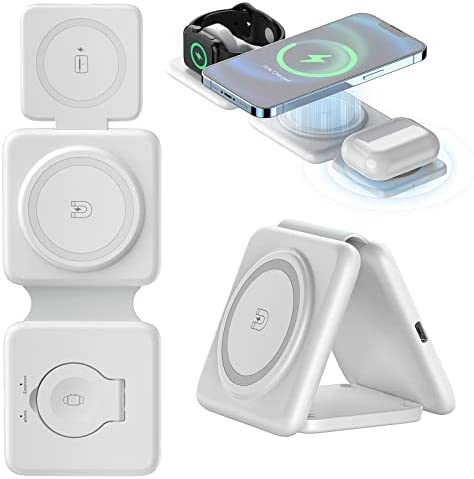 GEEK FULLY 3 in-1 Wireless Charging Pad Magnetic Foldable Charger Station Fast Travel Charger for Multiple Devices Adapt with iPhone 14/13/12/11/8, iWatch Series, AirPods 3/2/Pro(Adapter not Included)