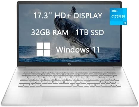 HP 17 HD+ Laptop, 2023 Newest Upgrade, Intel Core i3-1125G4 (Quad-core), 32GB RAM, 1TB SSD, Webcam, Wi-Fi, HDMI, USB-C, Fast Charge,Bluetooth, Windows 11, School and Business Ready, ROKC HDMI Cable