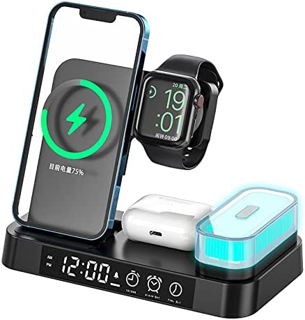 MOSHOU 5 in 1 Wireless Charging Station with Night Light and Clock Alarm Function for Apple Device, 25 W Wireles Charger for iPhone 14 13/13 Pro/SE/X, Samsung Phone, iwatch 8/7, Air pods Pro