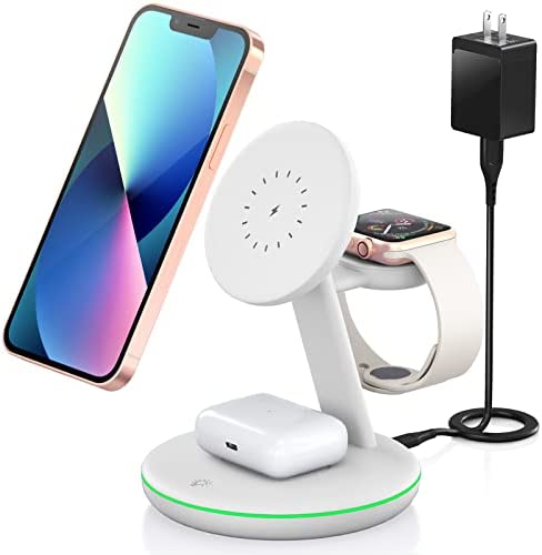 Magnetic Wireless Charging Station 3 in 1 - PEXXUS 15W Wireless Charger Fast Mag-Safe Charger Stand for iPhone 12 13 14 Pro/Max/Mini/Plus,AirPods 2/3/Pro, iWatch 2/3/4/5/6/7 (QC3.0 Adapter)