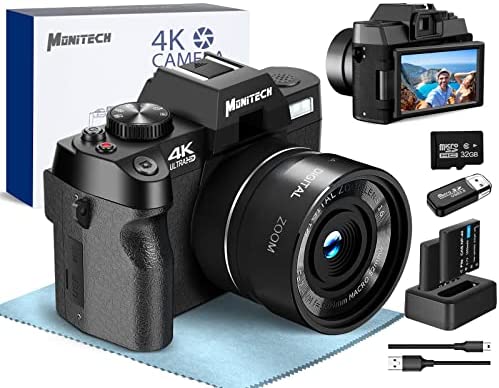 Monitech Digital Camera for Photography and Video, 4K 48MP Vlogging Camera for YouTube with 180° Flip Screen,16X Digital Zoom, 2 Batteries，32GB TF Card