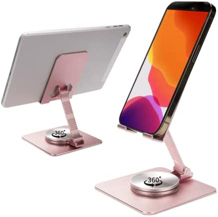 PHEVOS Foldable Desk Stand for Phone & Tablet, 360° Rotation Adjustable Portable Aluminum Metal Phone Holder,Compatible with All Phone, Portable Monitor, Samsung,iPad Tablet(4-11 in)-Rose Gold