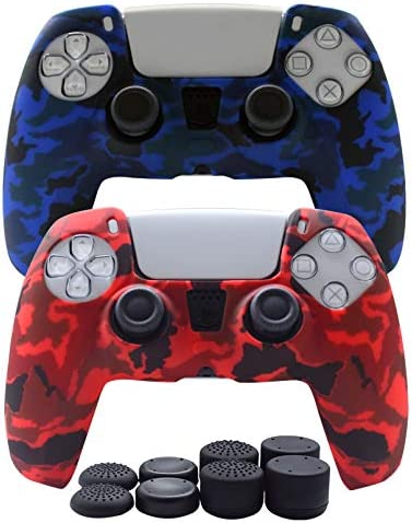 PS5 Controller Skin-Hikfly Silicone Cover for PS5 DualSense Controller Grips,Non-Slip Cover for Playstation 5 Controller- 2 x Skin with 8 x Thumb Grip Caps(Blue,Red)