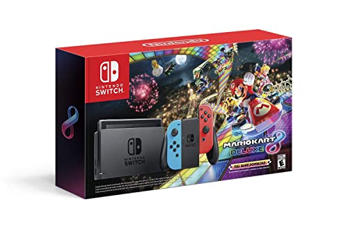 PURTCH Newest Switch w/Neon Blue & Neon Red controller + Mario Kart 8 Deluxe Game, 6.2" Touchscreen LCD Display, 802.11AC WiFi, Bluetooth 4.1 - Red and Blue