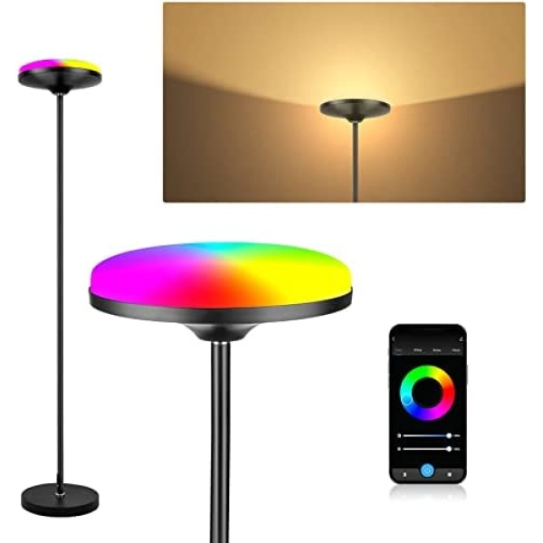Smart Floor Lamp, 2700-6500K+RGBPink Multicolors Scene DIY Torch Floor Lamp, 24W 2400LM Dimmable Tall Standing Lamp work with Alexa Google Home,Wifi Remote Control RGB Floor Lamp For Living Room
