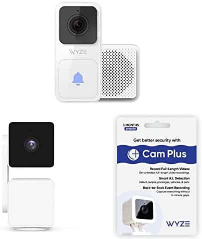 WYZE Video Doorbell with Chime (Horizontal Wedge Included) & Cam Pan v3 Indoor/Outdoor IP65-Rated 1080p Pan/Tilt/Zoom Wi-Fi Smart Home Security Camera & Cam Plus 3 Month Subscription
