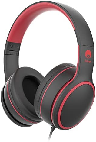 rockpapa E9W On-Ear Headphones with Microphone, Folding Wired Headphones with Mic & 5FT No-Tangle Cord, Portable Stereo Headphones for School Smartphone Computer Tablet Travel Black Red