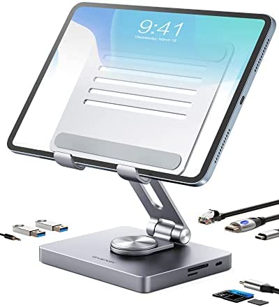 BYEASY iPad Stand, Laptop Docking Station, 8 in 1 iPad USB C Hub, Type-C Tablet Stand with HDMI, 3.5mm Jack, LAN, 100W PD Charging, 2*USB 3.0, SD/TF Card Reader, for iPad Pro, MacBook Pro.