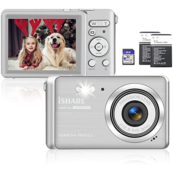 Digital Camera, Rechargeable 30MP Point and Shoot Camera with 32GB SD Card 18X Digital Zoom, Compact Camera for Kids Teens Aldults Elders (Silver)