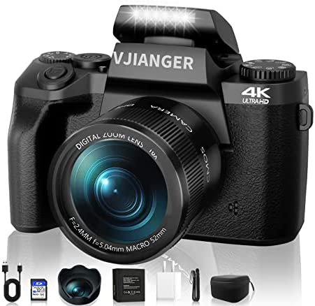 Digital Camera VJIANGER 4K Vlogging Camera 64MP Mirrorless Cameras for Photography with Dual Camera, WiFi, 52mm Fixed Lens, 4.0" Touch Screen, 32GB SD Card & Camera Bag(W05-Black2)
