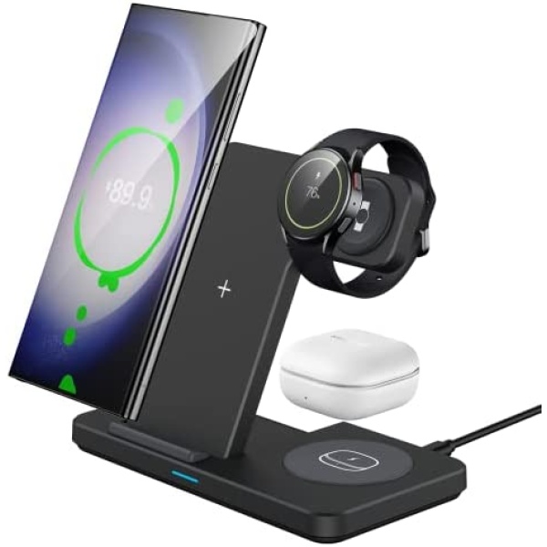 Houflody 3 in 1 Foldable Wireless Charging Station for Samsung Galaxy S23 S22 S21 S20 Ultra Plus Note20/10 Z Fold/Z Flip, Galaxy Watch 5/Pro/4/3/Active 2/1, Buds+/Pro/Live with PD 20W Adapter, Black
