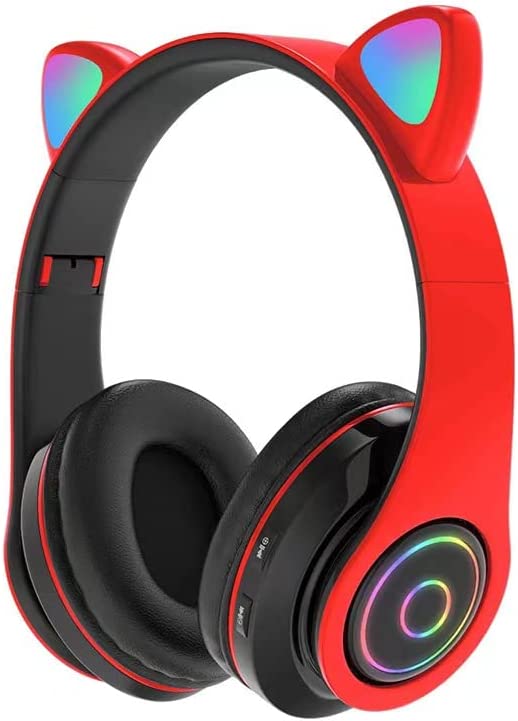 Kids Wireless Headphones, Cat Ear LED Light Up Bluetooth Foldable Headphones Over Ear with MIC, Headphones Wireless Bluetooth for Kids, Stereo Sound,FM Radio/TF Card,Childrens Headset for Girls （Red