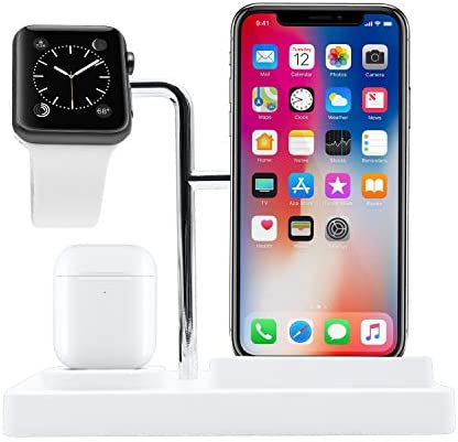 Macally Airpod iPhone Apple Watch Stand Holder - A Home for Your Devices - Compatible with All iPhone, iWatch, Airpod Series - Use Only OEM Cables - 3 in 1 Cell Phone Charging Stand (White)
