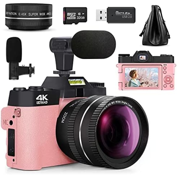 Monitech Digital Cameras for Photography, 48MP&4K Vlogging Camera for YouTube, Video Camera with Wide-Angle & Macro Lenses, 16X Digital Zoom, Flip Screen, External Microphone, 32GB TF Card - Pink