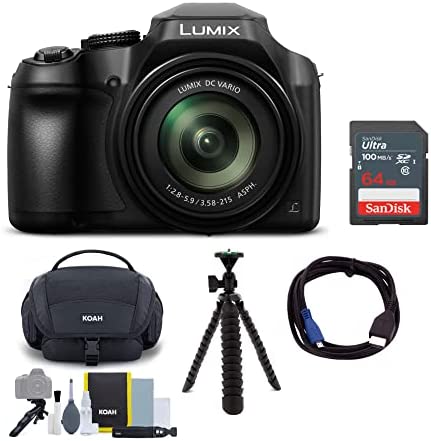 Panasonic LUMIX FZ80 4K Long Zoom Camera (18.1 Megapixels, 60X 20-1200mm Lens) Bundle with 64GB Memory Card, Camera System Gadget Bag with Accessory and Cleaning Kit, Tripod, and Cable (5 Items)
