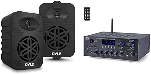 Pyle Indoor Outdoor Speakers Pair & Bluetooth Home Audio Amplifier Receiver Stereo 300W Dual Channel Sound Audio System w/MP3, USB, SD, AUX, RCA, MIC, Headphone, FM, LED, Reverb Delay