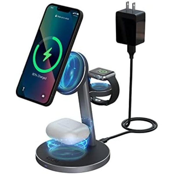 Wireless Charger, 3 in 1 Aluminum Alloy Wireless Charging Station Mage-Safe Charger Compatible with iPhone 14/13/12, iWatch, AirPods Pro/3/2 (Cable and Wall Charger Included)